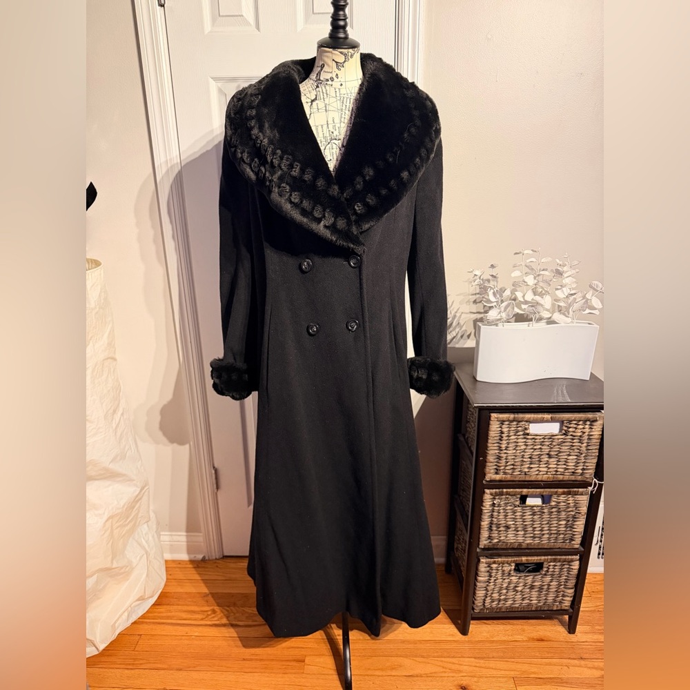 ☀️Charles Klein Vintage Fur 100% Wool Flare Pea Double breasted Forstmann long